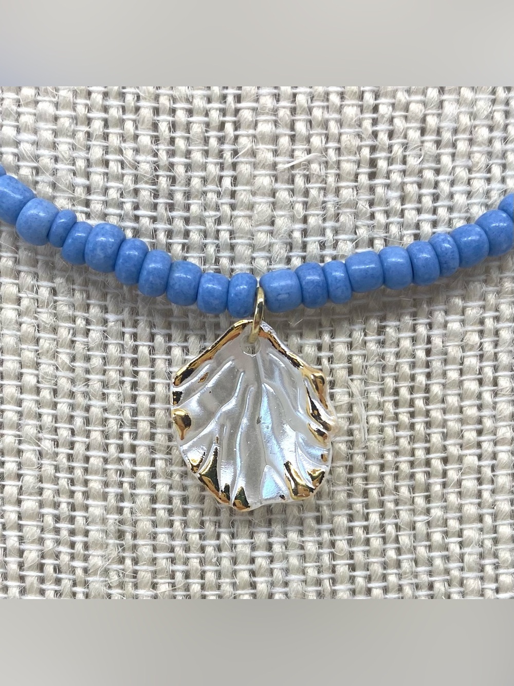 Blue Ombré Gold Choker Beaded Necklace with White Gold Shell Charm Boho Festival - Picture 3 of 11